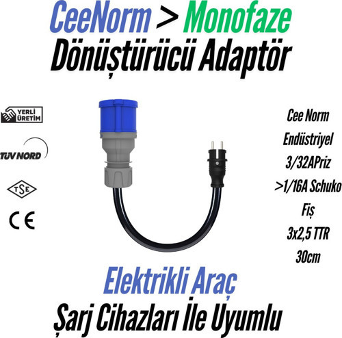 Elektrikli Araç Şarj Uyumlu CeeNorm Adaptör – 3/32A Priz → 1/16A Fiş