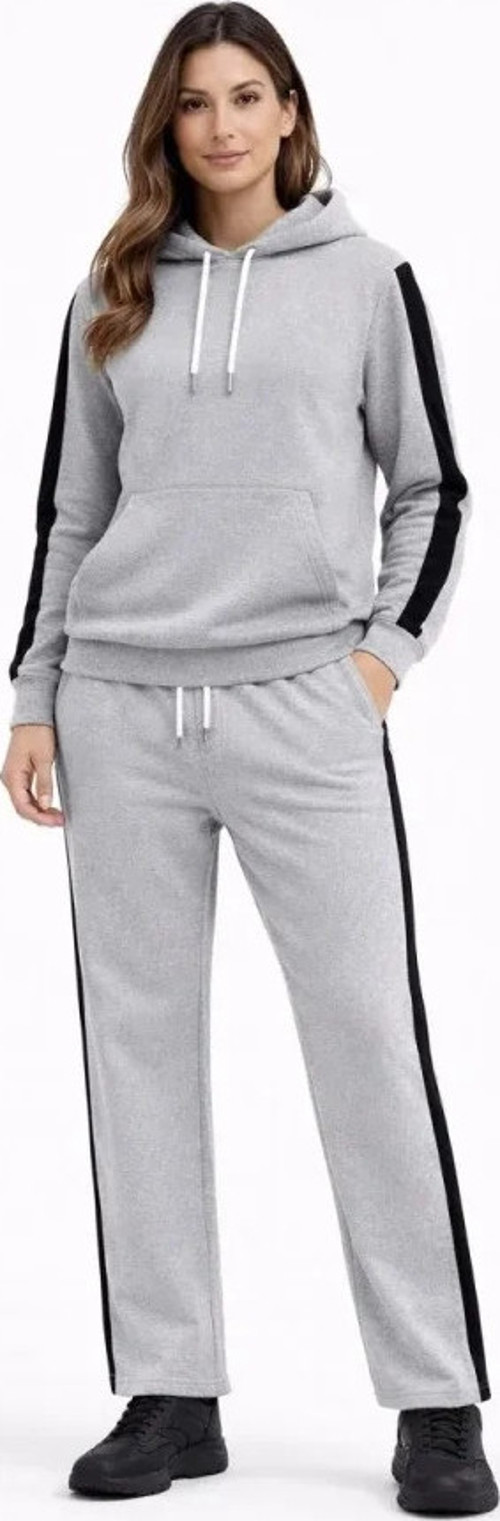 KADIN Yandan Şeritli Eşofman Takım Kapüşonlu Sweatshirt Boru Paça Alt, Oversize 3 Iplik Pamuklu