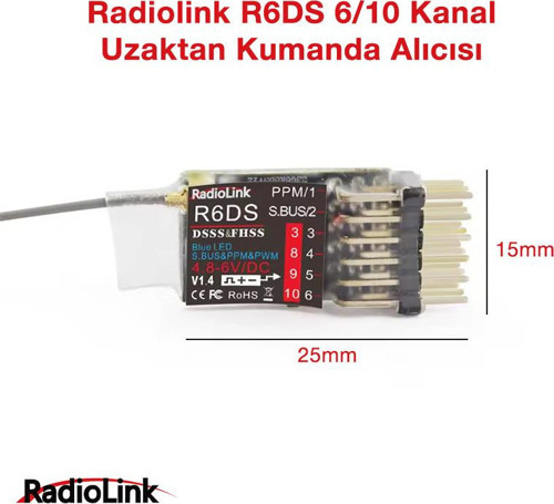 R6DS 10 Kanal Uzaktan Kumanda Alıcısı Receiver PWM+PPM&S-BUS (AT9&AT9S&AT10&AT10II İle Uyumludur)