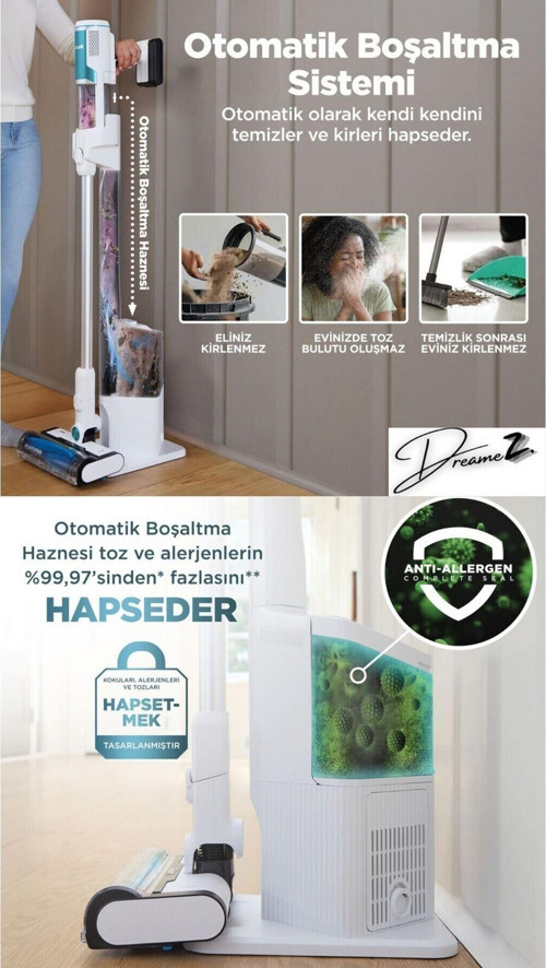 Drmz Clean&Empty Oto Boşaltma Sistemli Anti Hairwrap,Halı+Sert Zeminlere Uygun Şarjlı Dikey Süpürge