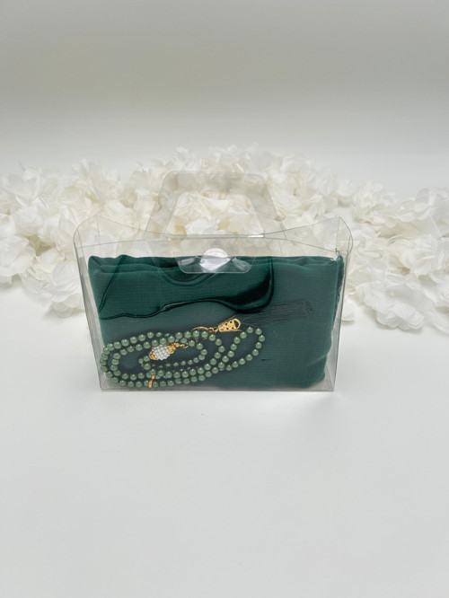 Zümrütyeşili Hediyelik Şeffaf Çantalı Flamlı Örtü Ve Tesbih Seti ( Hac - Umre - Mevlid - Bohça )