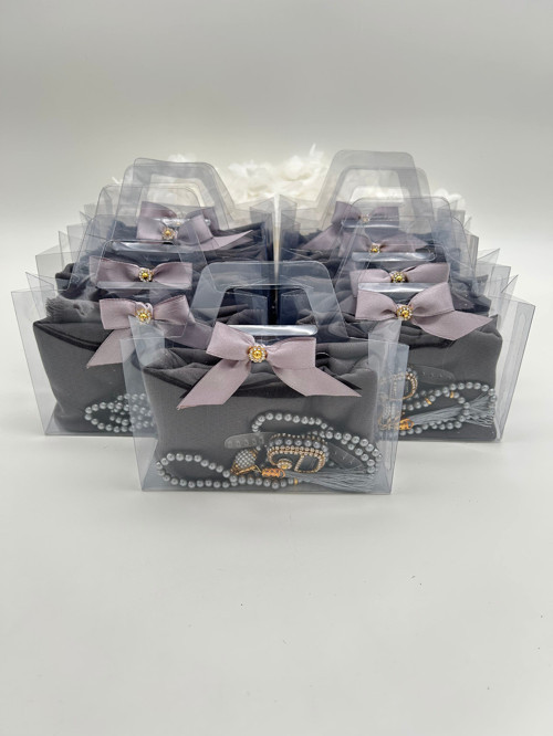 10 Adet Çanta Görünümlü Kutu İçinde Flamlı Örtü, İnci Tesbih Ve Taşlı Zikirmatik Hediyelik Set