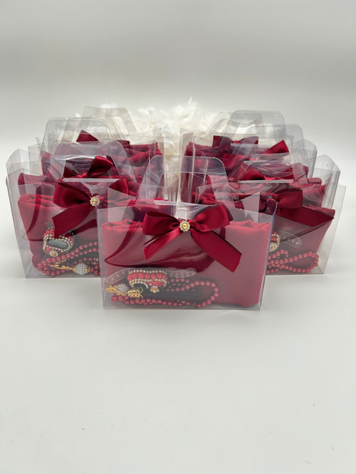 10 Adet Çanta Görünümlü Kutu İçinde Flamlı Örtü, İnci Tesbih Ve Taşlı Zikirmatik Hediyelik Set