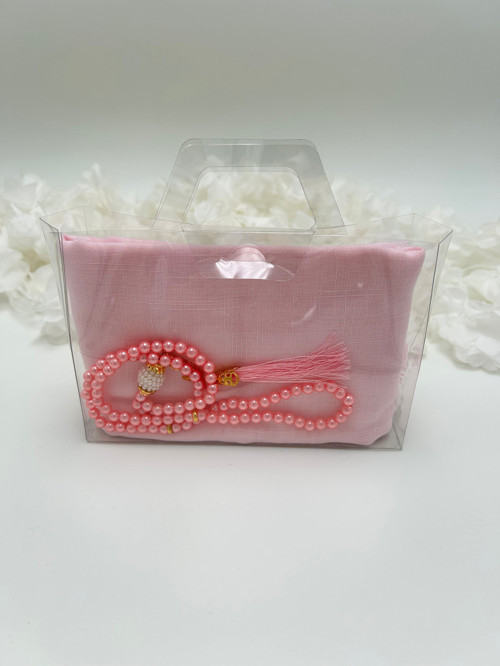 Pembe Hediyelik Şeffaf Çantalı Flamlı Örtü Ve Tesbih Seti ( Hac - Umre - Mevlid - Bohça )