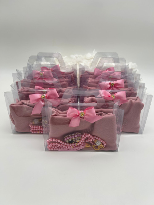 10 Adet Çanta Görünümlü Kutu İçinde Flamlı Örtü, İnci Tesbih Ve Taşlı Zikirmatik Hediyelik Set