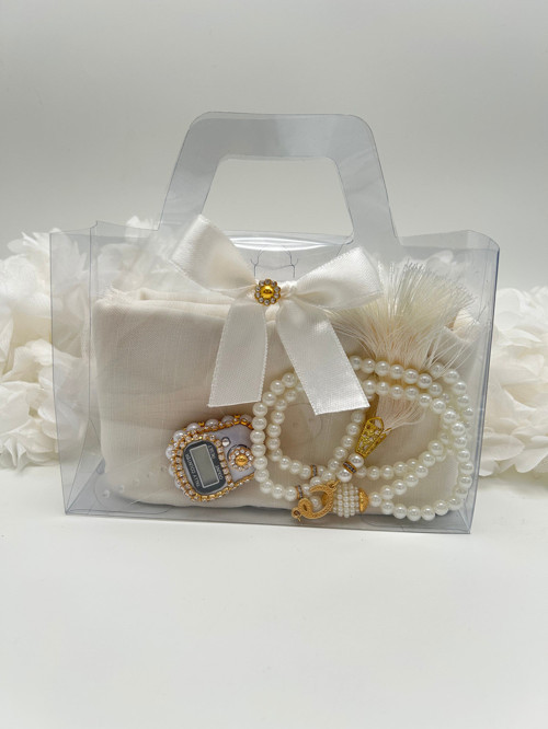 1 Adet Çanta Görünümlü Kutu İçinde Flamlı Örtü, İnci Tesbih Ve Taşlı Zikirmatik Hediyelik Set