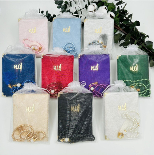 10 Adet Karışık Renk Hediyelik Tül Keseli Kadife Yasin Cüzü Ve İnci Tesbih Seti ( Mevlit-Hac-Umre)