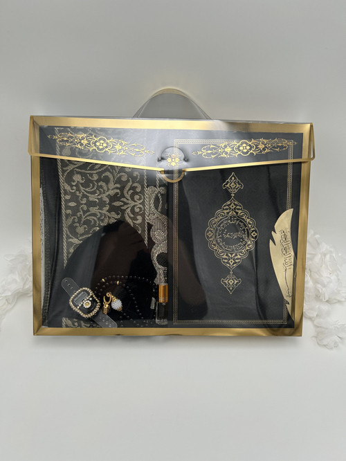 7 Parça 16X24 Kuran- Kerimli Hediyelik Kutulu Erkek Bohça Seti ( Umre Hac Hediyesi)