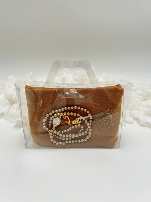 Gold Hediyelik Şeffaf Çantalı Flamlı Örtü Ve Tesbih Seti ( Hac - Umre - Mevlid - Bohça )