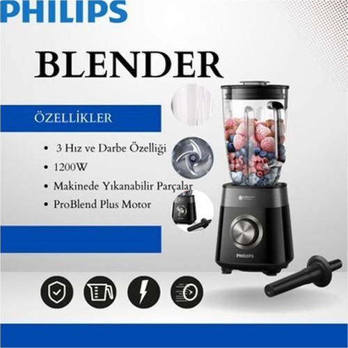 Phılıps Ultra Güçlü Blender, 1200W Problend Plus Motor, 2 Litre Cam Hazne, 3 Hız ve Darbe Özelliği, Makinede Yıkanabilir Parçalar Sessiz Çalışma