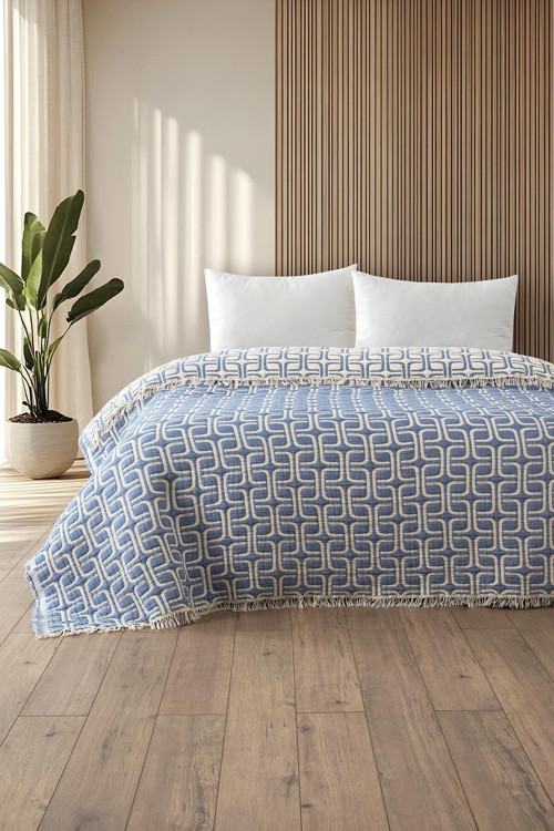 Perge Mavi Beyaz Renk Müslin Yorgan - Çift Kişilik Soft Yumuşak Yorgan - Elyaf Dolgulu 220X240Cm