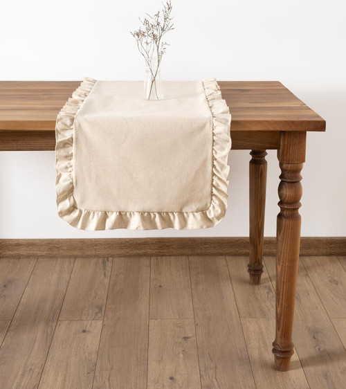 Kenarları Fırfırlı Bej Runner - Selendi Soft Renk - Pamuk Polyester 50X150Cm