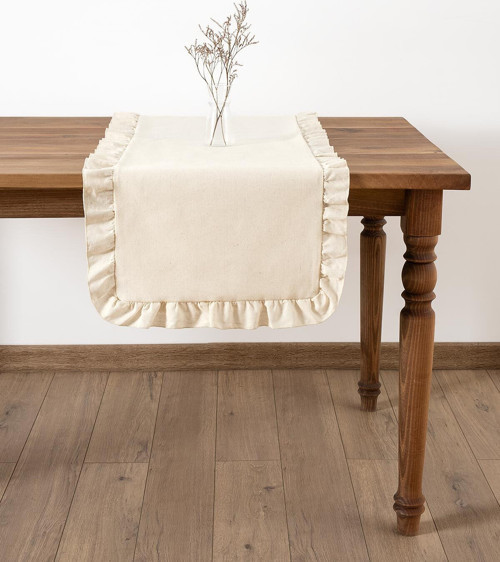 Kenarları Fırfırlı Ekru Runner - Selendi Soft Renk - Pamuklu Polyester 50X150Cm