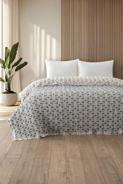 Perge Gri Beyaz Müslin Yorgan - Çift Kişilik Soft Yumuşak Yorgan - Elyaf Dolgulu 220X240Cm