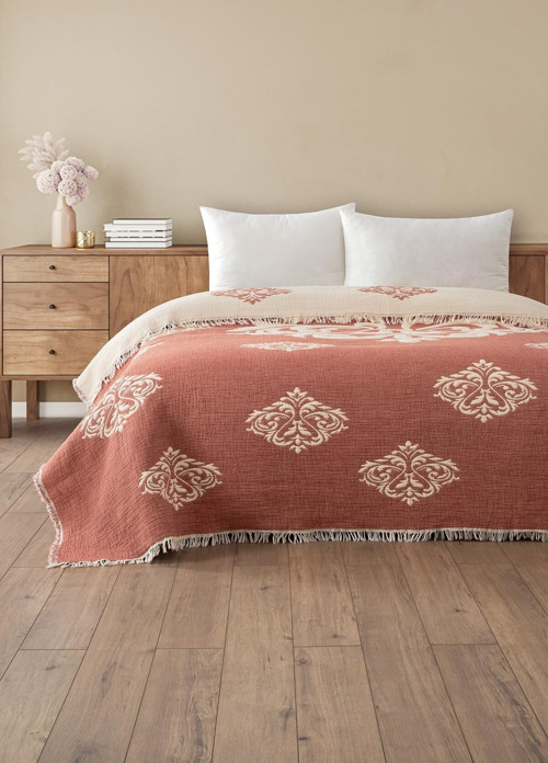 Barok Kırmızı Beyaz Müslin Yorgan - Çift Kişilik Soft Yumuşak Yorgan - Elyaf Dolgulu 220X240Cm