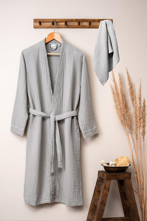 Unisex Kimono Müslin Bornoz Havlu Seti Gri