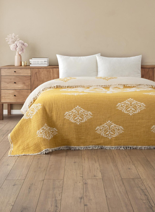 Barok Sarı Beyaz Müslin Yorgan - Çift Kişilik Soft Yumuşak Yorgan - Elyaf Dolgulu 220X240Cm