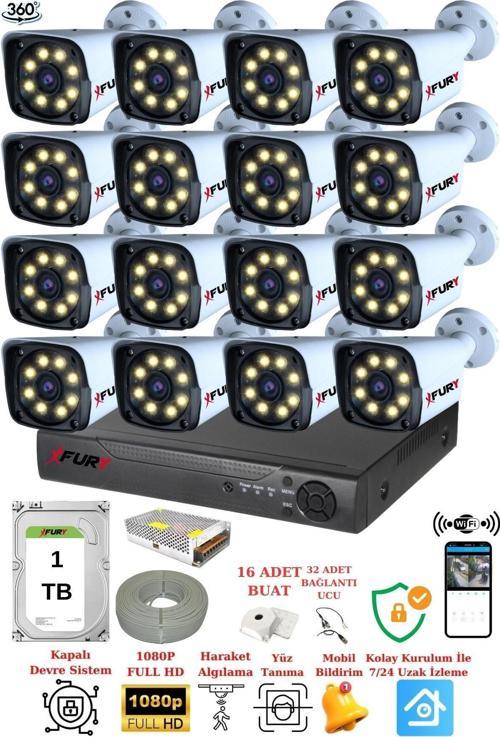 FUYR 16 Kameralı 5mp Lens 1080p 2mp Color Görüntü 8 Warm Led Gece Görüş Fullhd Güvenlik Kamera 5520w 1TB