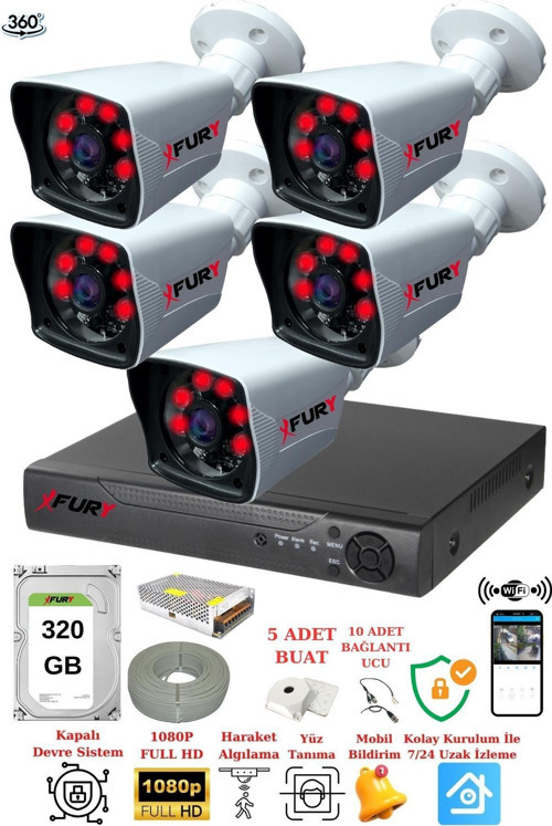 5 Kameralı 5mp Lensli 1080P 2mp Görüntü 6 Atom Gece Görüşlü FullHd Güvenlik Kamerası 5525A 320GB