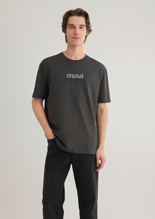 Logo Baskılı Antrasit Tişört Loose Fit / Bol Rahat Kesim 0612355-80955