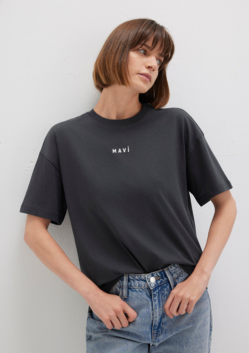 Logo Baskılı Antrasit Tişört Loose Fit / Bol Rahat Kesim 1612518-70087