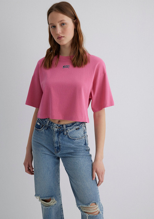 Logo Baskılı Pembe Crop Tişört Crop / Kısa Kesim 1611585-84670