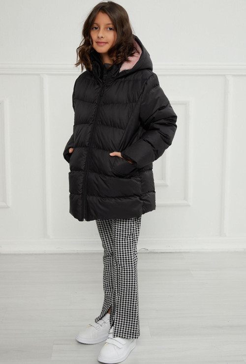 Kız Çocuk Fermuarlı Kapüşonlu Siyah Mont - Hedıl