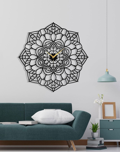 Dekoratif Mandala Motifli Siyah Metal Duvar Saati – Ev & Ofis Dekoru