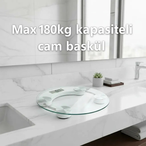 Yuvarlak Şeffaf Dijital Cam Baskül Tartı – 180 Kg Taşıma Kapasitesi, Hassas Ölçüm, Şık Tasarım Teraz