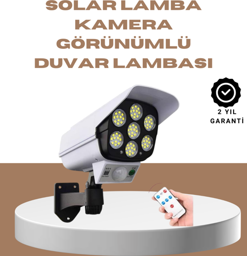Güneş Enerjili LED Lamba + Güvenlik Kamerası Görünümlü– 5-8 m Hareket Algılamalı Beyaz Işık