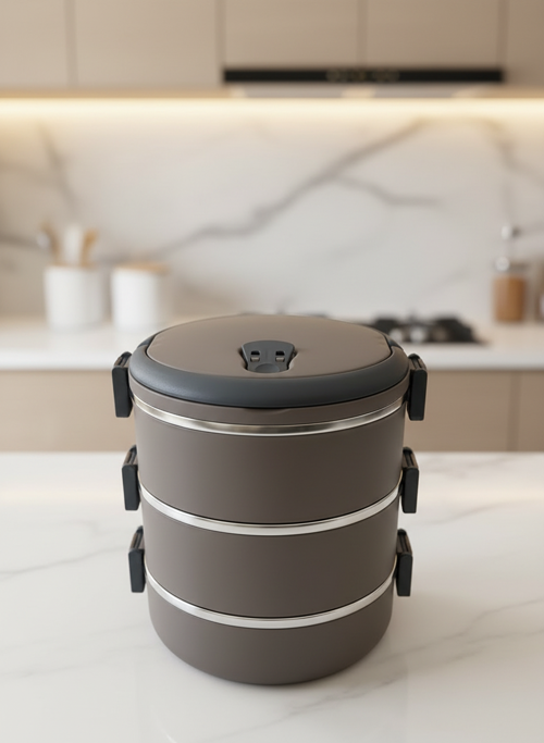 3 Katlı Yemek Termosu Sefer Tası 1,8 Lt Koyu Kahverengi (CAPPUCİNO) TR'de Tek Renk