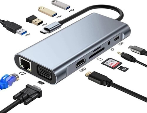 TYPE-C Hub 11in1 USBC 4K HDMI,VGA,USB3.0,Ethernet,SD/TF AUX Macbook Pc Çoklayıcı Çevirici Dönüştürücü