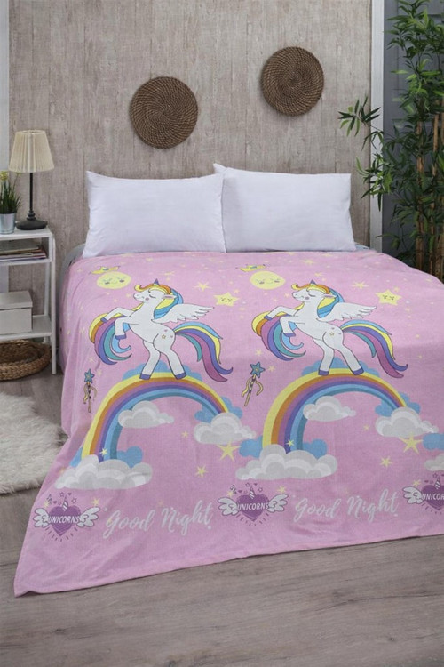 Unicorn Tek Kişilik Pike 170x230 cm – Çocuk ve Genç Odaları İçin, Renkli Gökkuşağı Desenli