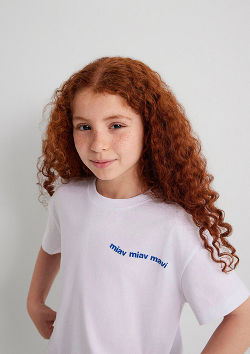 Miav Baskılı Beyaz Crop Çocuk Tişört Regular Fit / Normal Kesim 7610180-620