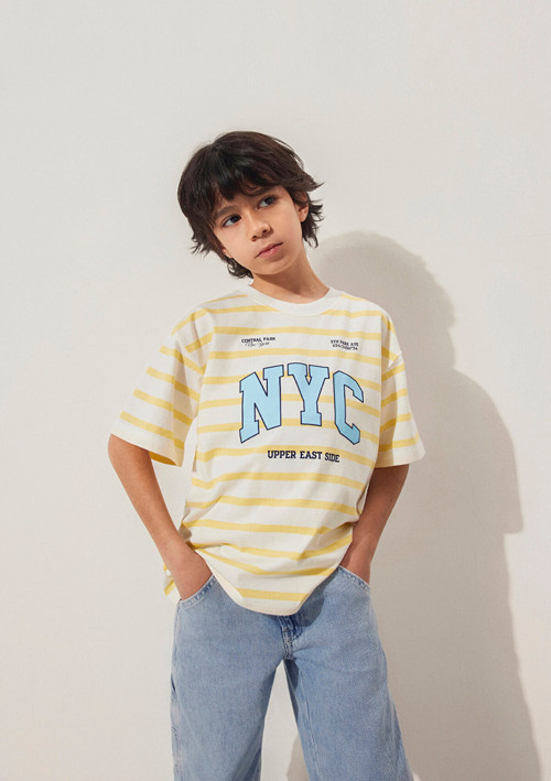 Nyc Baskılı Çizgili Sarı Tişört Loose Fit / Bol Rahat Kesim 6610267-89179