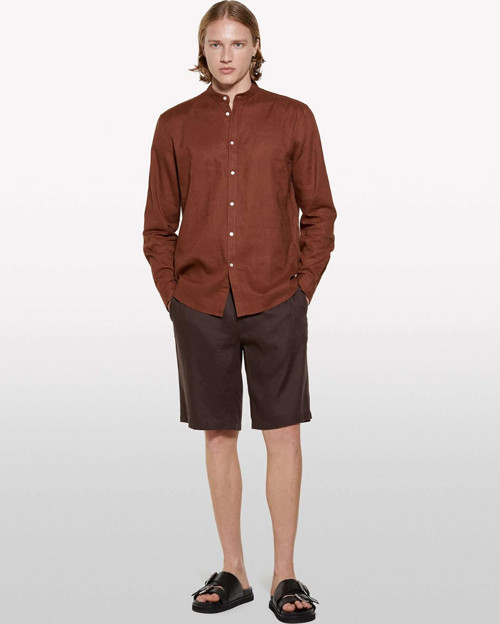 %100 Keten Slim Fit Bermuda Şort Erkek Kahverengi Şort - 325P4AGHS9010