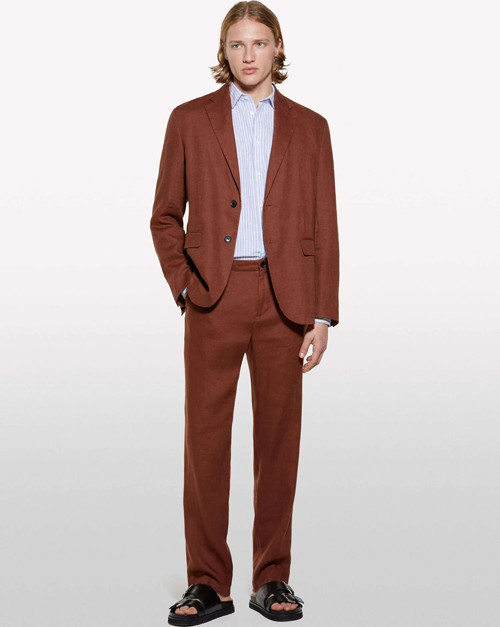 %100 Keten Slim Comfort Fit Pantolon Erkek Kahverengi Pantolon - 325P4AGHSF049