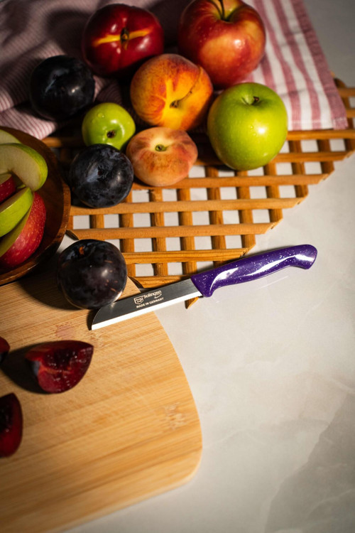 Solingen Simli Deliksiz Meyve Bıçağı – Mor Saplı, 18,5 cm, Paslanmaz Alman Çeliği (4LÜ)