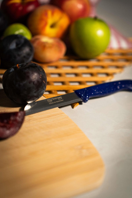 Solingen Simli Deliksiz Meyve Bıçağı – Mavi Saplı, 18,5 cm, Paslanmaz Alman Çeliği (4LÜ)