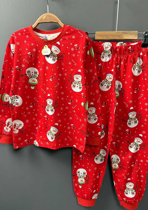Erkek Çocuk Üzeri Kardan Adam ve Noel Baskılı Kırmızı Pijama Takımı