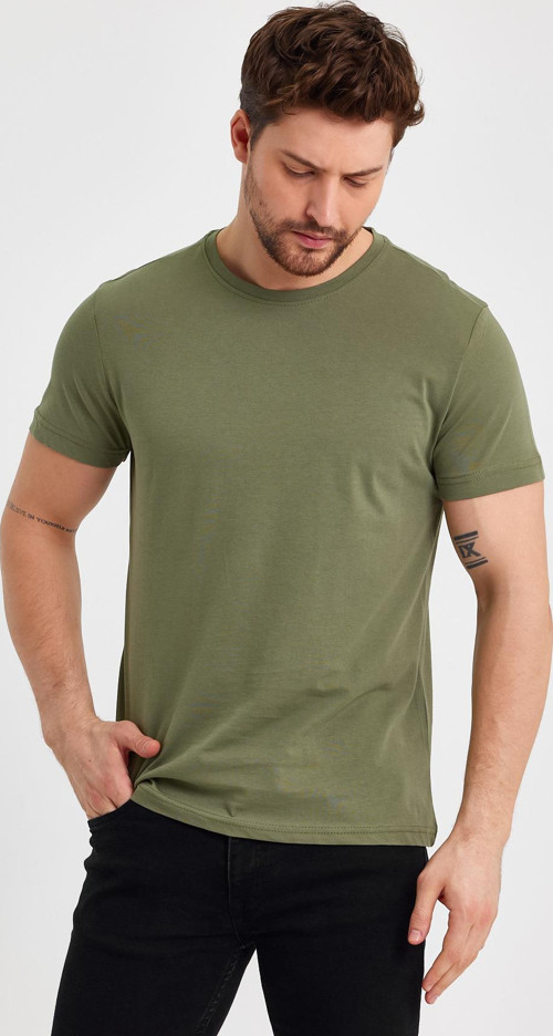 Erkek Haki Slim Fit Pamuklu Kısa Kollu Bisiklet Yaka T-shirt
