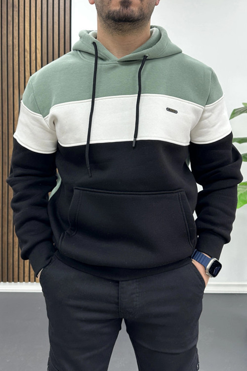 Erkek Slim Fit Renk Bloklu Kapüşonlu Sweatshirt Açık Yeşil Edw438