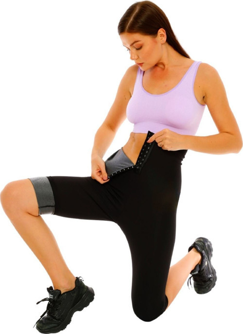 Siyah Termal Yüksek Bel Agraflı Kısa Tayt Terleten Termal Agraflı Yarım Korse Tayt