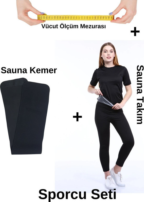 Kadın Siyah Sauna Yarım Kol Termal Tayt Sauna Kemeri Korse Spor Takım Zayıflatan Terzi Mezura Set