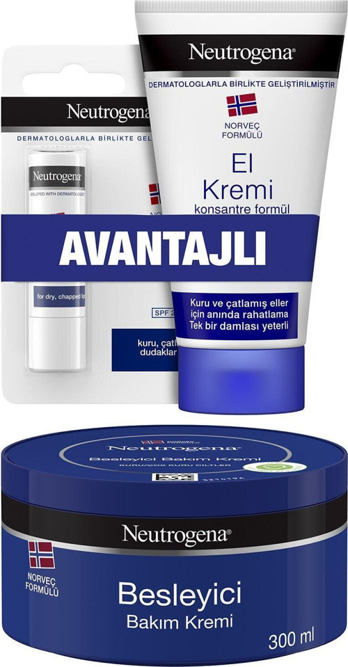 Norveç Formülü Besleyici Bakım Kremi 300 Ml Parfümlü El Kremi 75 Ml Dudak Kremi