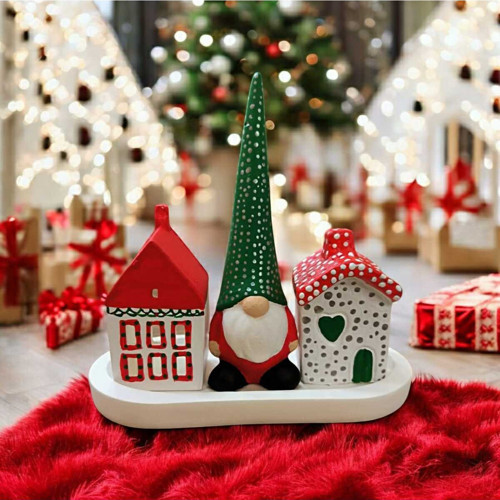 Cüceli Mini Köy Tealight Dekor – 2 Ev Ve Cüce Figürlü El Yapımı Taş Tozu Obje - Oval Taban Dahildir