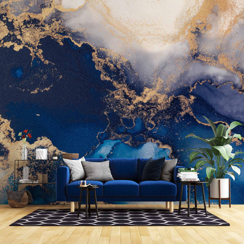 3 Boyutlu Lacivert Beyaz Mermer Desenli Duvar Kağıdı