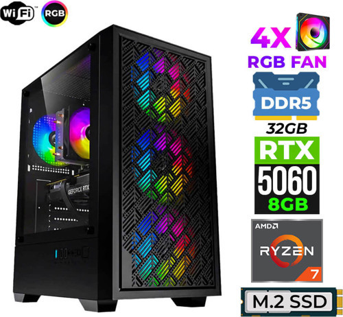 Sage X20 Ryzen 5 7500F DDR5 32GB 6000Mhz Ram 1TB M.2 Nvme SSD 8GB GDDR7 RTX5060 Ultra Performans Masaüstü Bilgisay