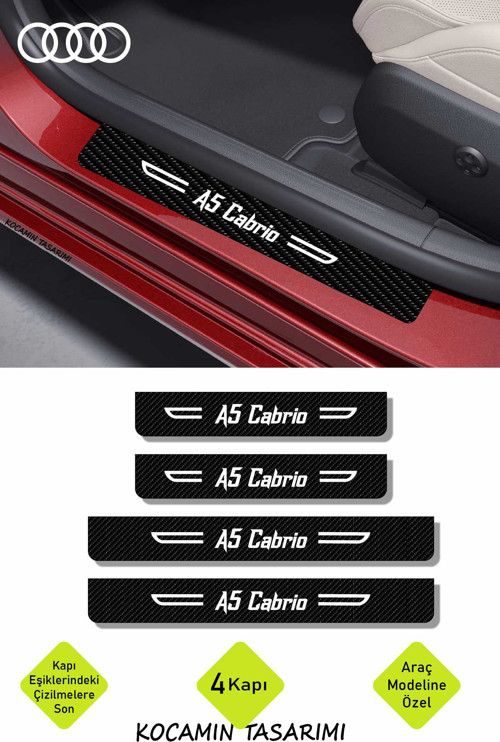 Audi A5 Cabrio Karbon Kapı Eşiği Dekoratif Kapı Koruyucu Siyah Üzeri Beyaz Yazılı 4 Parça Set Audi A5 Cabrio