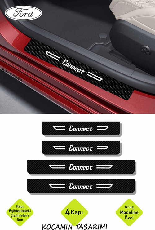 Ford Connect Yazılı Karbon Kapı Eşiği Siyah Beyaz Dekoratif Kapı Koruyucu 4'lü Set Ford Connect
